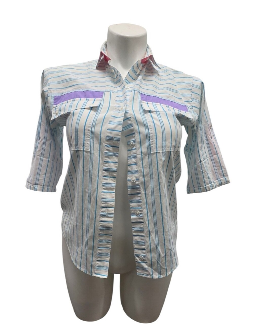 Vintage Koret Petite Teal Striped Button-Up Shirt with Purple Accent